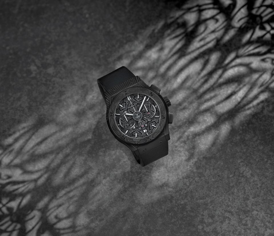 Hublot-Classic-Fusion-Aerofusion-Chronograph-All-Black-Shepard-Fairey- watch on a black background