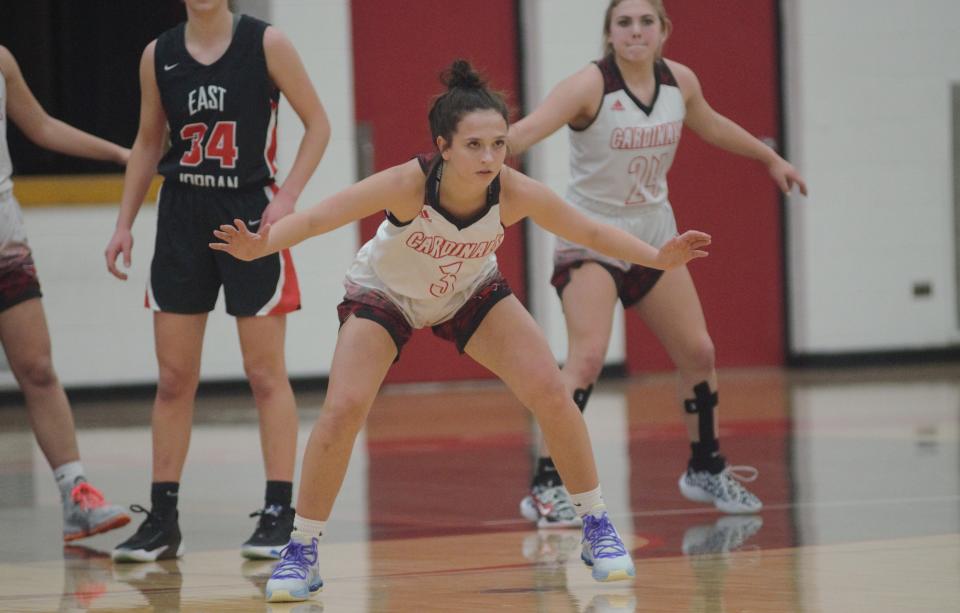 Gloria House sets up on defense during a girls basketball matchup between Johannesburg-Lewiston and East Jordan on Thursday, December 2.