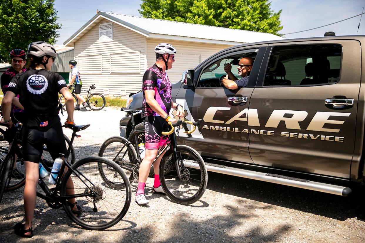 Bob Libby, CEO of CARE Ambulance, right, talks with Matt Phippen, director of RAGBRAI, during the RAGBRAI route inspection ride, Friday, June 9, 2023, in Marengo, Iowa.