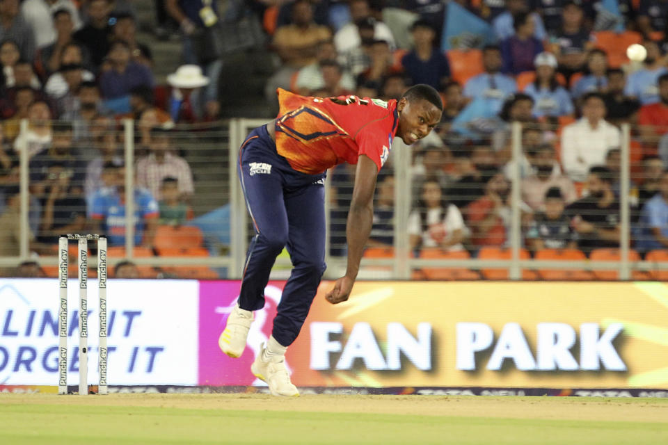 Punjab Kings' Kagiso Rabada bowls a delivery during the Indian Premier League cricket match between Gujarat Titans and Punjab Kings in Ahmedabad, India, Thursday, April 4, 2024. (AP Photo/STR)