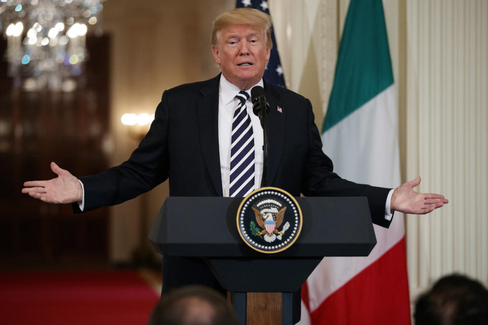 President Donald Trump speaks during a news conference with Italian Prime Minister Giuseppe Conte in the East Room of the White House, Monday, July 30, 2018, in Washington. Trump is diving deep into Florida's Republican politics, joining his preferred candidate for governor in a competitive primary. (AP Photo/Evan Vucci)