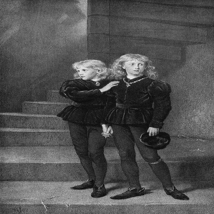 Old drawing of two young boys holding hands standing on a winding staircase