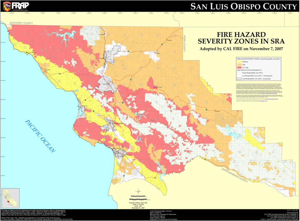 A Cal Fire map shows risk of fire in different parts of San Luis Obispo County.