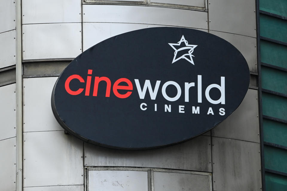 CARDIFF, WALES - OCTOBER 04: A close-up of a sign at the Cineworld cinema on October 4, 2020 in Cardiff, Wales. The cinema is drawing up plans to close all 128 of its cinemas, putting 5,500 jobs at risk, after the COVID-19 pandemic caused the latest James Bond film No Time to Die to be delayed until April. (Photo by Matthew Horwood/Getty Images)