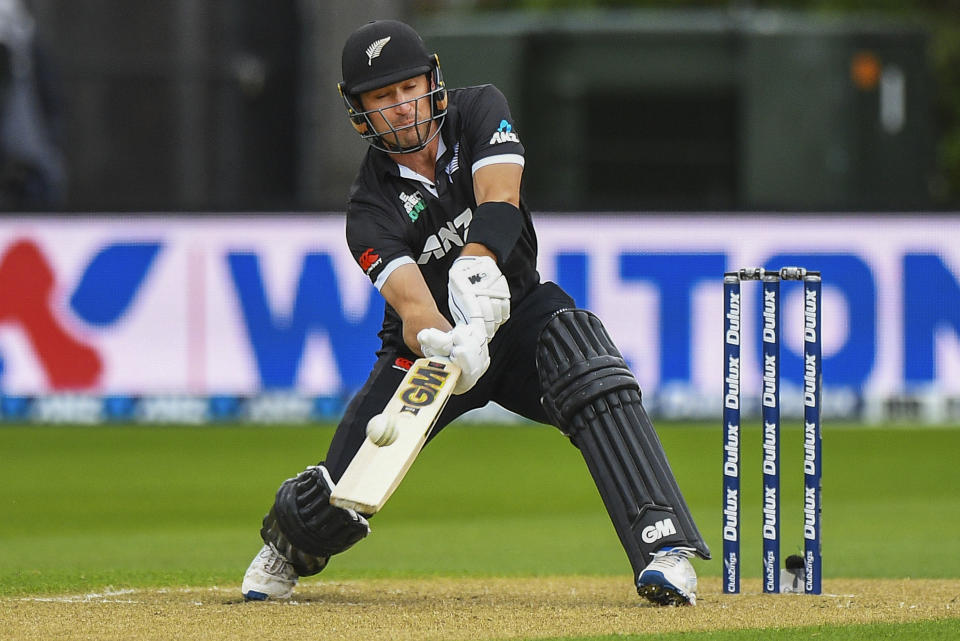 New Zealand player Will Young bats during the first One Day cricket international between New Zealand and Bangladesh at University Oval in Dunedin, New Zealand, Sunday, Dec. 17, 2023. (Chris Symes/Photosport via AP)