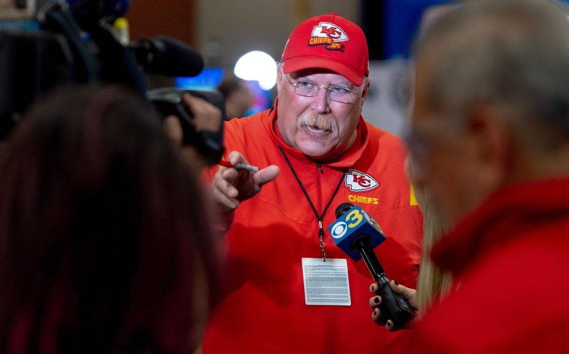 Matt Black, an Andy Reid impersonator, speaks on camera at Super Bowl LVII’s Media Row on Friday, Feb. 10, 2023, in Phoenix, Ariz.