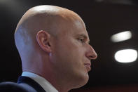 Former Navy pilot Michael Cassidy speaks before a gathering of potential voters in Magee, Miss., June 15, 2022, as he seeks support for his runoff race against U.S. Rep. Michael Guest in the Republican primary of Mississippi's 3rd Congressional District. (AP Photo/Rogelio V. Solis)