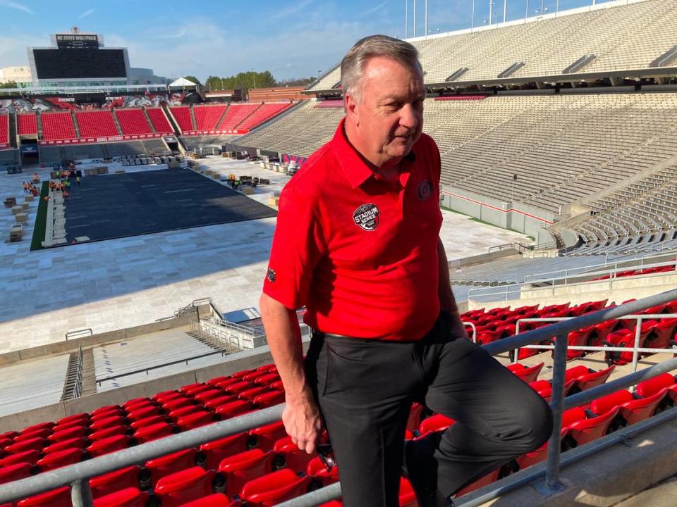 Carolina Hurricanes president and general manager Don Waddell discusses NHL Stadium Series outdoor game as work on rink continues at NC State’s Carter-Finley Stadium.