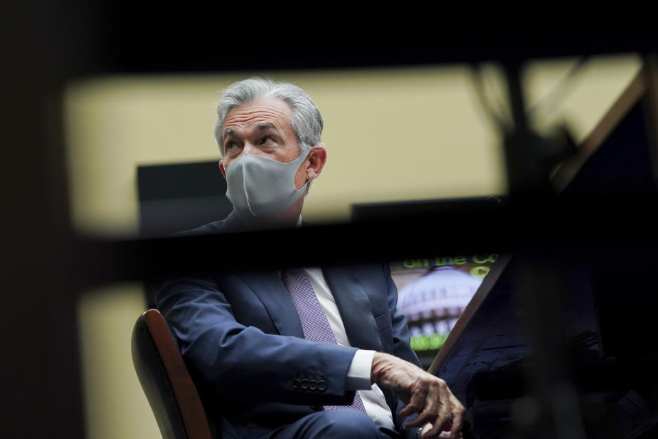 Federal Reserve Chair Jerome Powell wears a protective mask as he arrives for a House Select Subcommittee on the Coronavirus hearing on Capitol Hill in Washington on Wednesday, Sept. 23, 2020. (Stefani Reynolds/Pool via AP)