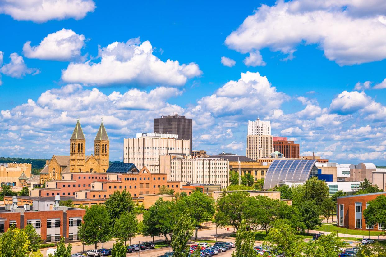 Akron, Ohio, USA downtown city skyline in the daytime.