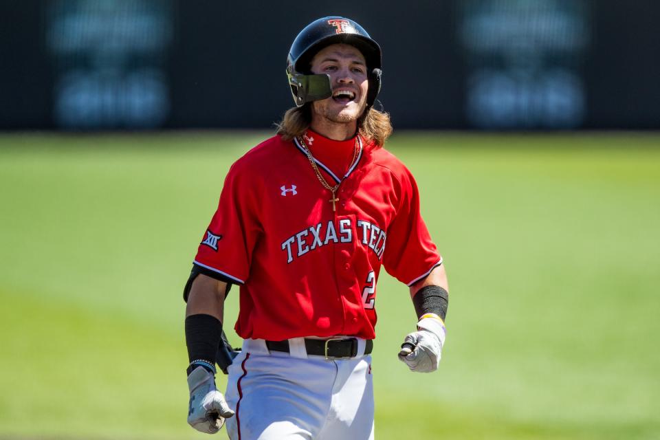 Texas Tech's Gage Harrelson celebrates a run-scoring single during the Red Raiders' 10-7 home loss Saturday to TCU.