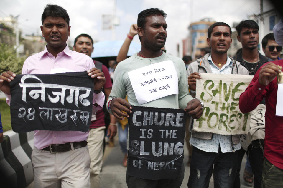 Nepalese activists shout slogans carrying banners of save trees during a protest outside Civil Aviation Authority of Nepal, in Kathmandu, Monday, Aug. 19, 2019. A small group of protesters demonstrated in Nepal's capital against plans to cut down millions of trees for an international airport in the southern part of the country. (AP Photo/Niranjan Shrestha)
