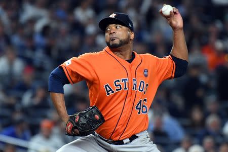 Oct 18, 2017; Bronx, NY, USA; Houston Astros relief pitcher Francisco Liriano (46) pitches during the eighth inning against the New York Yankees in game five of the 2017 ALCS playoff baseball series at Yankee Stadium. Mandatory Credit: Robert Deutsch-USA TODAY Sports