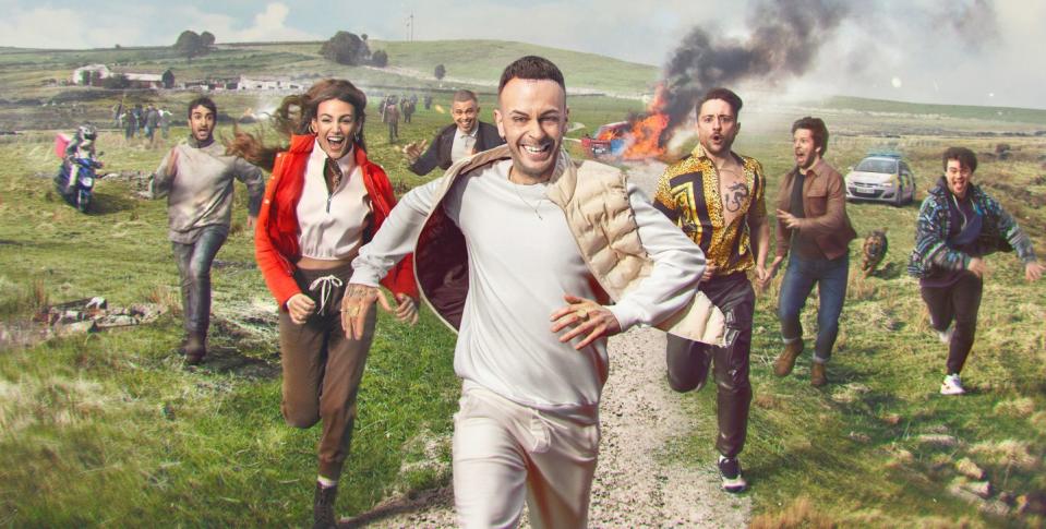 brassic season 3 artwork poster showing the main cast running through a field away from a fire