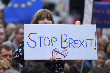 Protesters participate in an anti-Brexit demonstration at City Hall in central Belfast, Northern Ireland October 20, 2018. REUTERS/Clodagh Kilcoyne