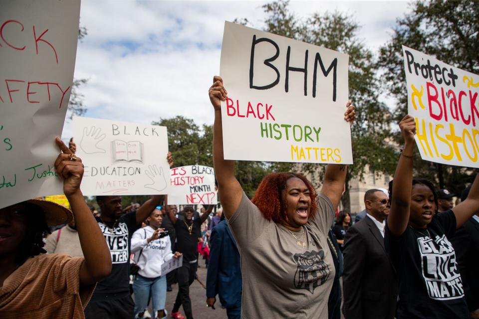 Hundreds participated in the National Action Network demonstration in response to Florida Gov. Ron DeSantis' efforts to minimize diverse education. The activists chanted and carried signs while making their way from Bethel Missionary Baptist Church in Tallahassee, Florida, to the Capitol building in February.