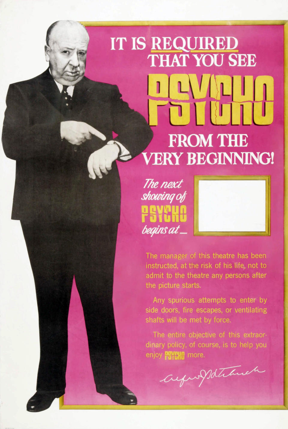 Alfred Hitchcock stands next to text promoting the film "Psycho," emphasizing the importance of starting from the beginning