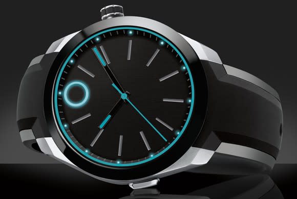 Movado bold black watch with glowing blue outlines in the face.