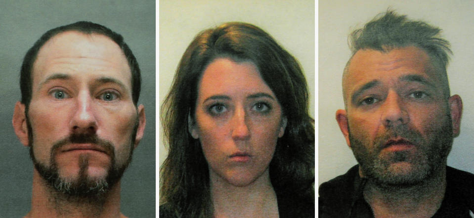 FILE - This November 2018 file combination of photos provided by the Burlington County Prosecutors office shows Johnny Bobbitt, left, Katelyn McClure and Mark D'Amico. Bobbitt, the homeless veteran who admitted to conspiring with the New Jersey couple, McClure and D'Amico, in a GoFundMe scam that raised more than $400,000, will face sentencing on Friday, April 12, 2019. (Burlington County Prosecutors Office via AP, File)