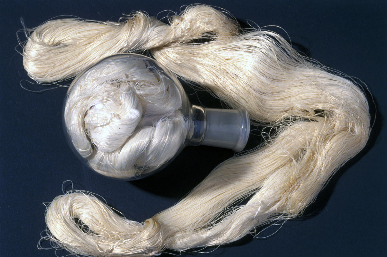 A sample of viscose rayon, artificial silk, made in 1898, at the Science Museum in London. (Science & Society Picture Library / SSPL via Getty Images)