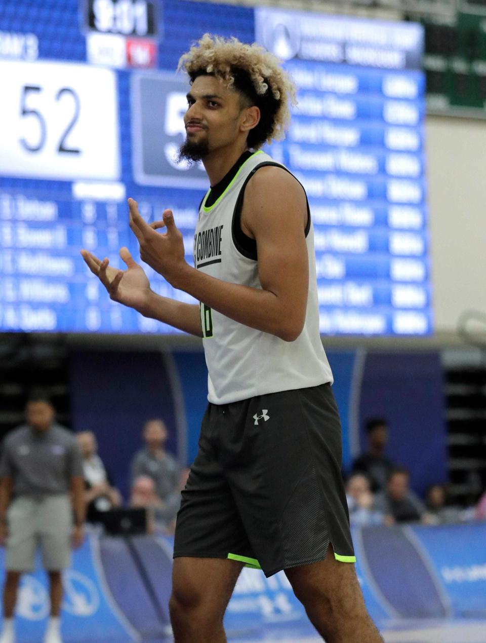 Brian Bowen, of the Sydney Kings in Australia, participates in day one of the NBA draft basketball combine in Chicago, Thursday, May 16, 2019.