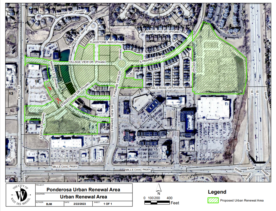 The red Xs mark the locations of a planned 156-unit affordable housing complex for people 55 years and older in West Des Moines. Concord at Marketplace would be located within the newly formed Ponderosa Urban Renewal Area, in green, which allows for city incentives like tax increment financing.