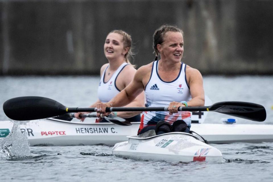 Emma Wiggs (R) and Charlotte Henshaw react after after competing in the final.