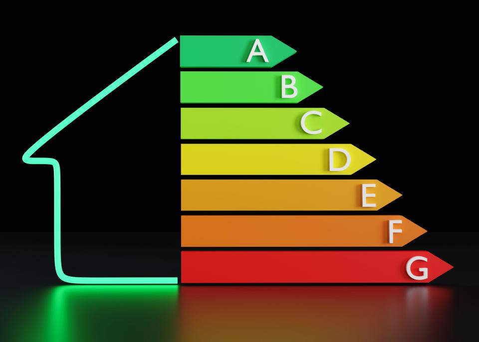 Energy efficiency rating chart and house on black background. Ecological and bio energetic home. Energy class, performance certificate, rating graph