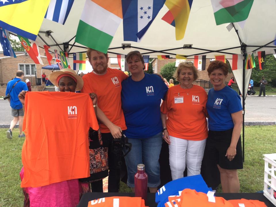 Volunteers from Knoxville Internationals Network enjoy 2018’s World Refugee Day. Shown are Paulette Kansinga, Stephen Phillipi, Jani Whaley, Elaine Smiddy and Cindy Zimbrich. The organization provides medical help, English lessons, translations, even accent reduction lessons so that the newcomer may be more easily understood. June 23, 2018.
