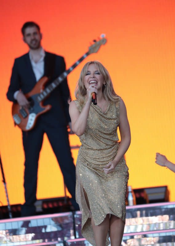 Kylie Minogue performs at the Glastonbury Music Festival in Somerset on June 30, 2019. The singer turns 56 on May 28. File Photo by Hugo Philpott/UPI