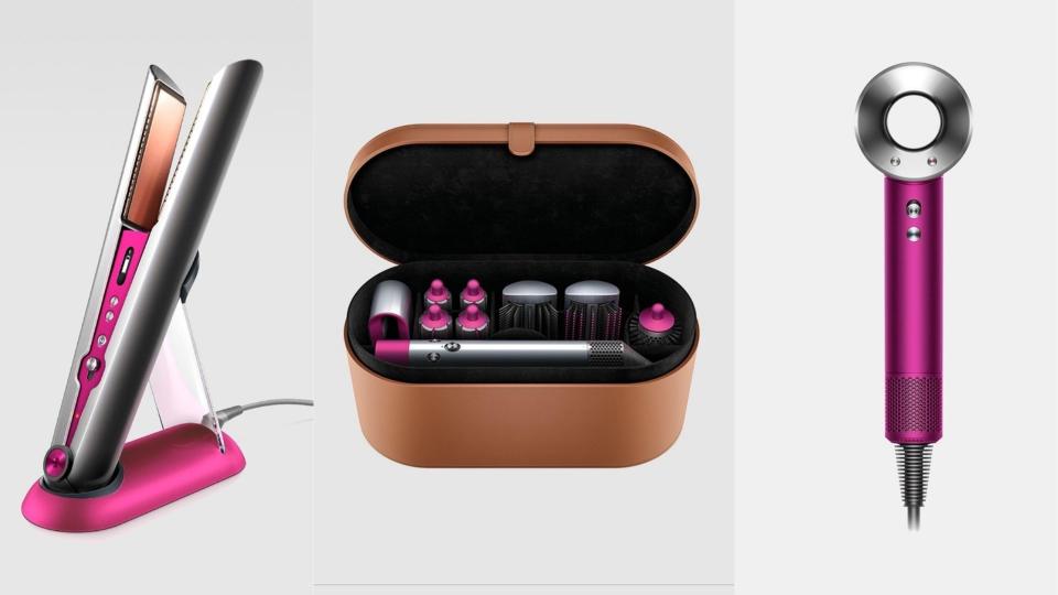 dyson haircare montage showing a hair straightener in pink and silver on its dock, a gold box of attachments and a pink and silver dryer.