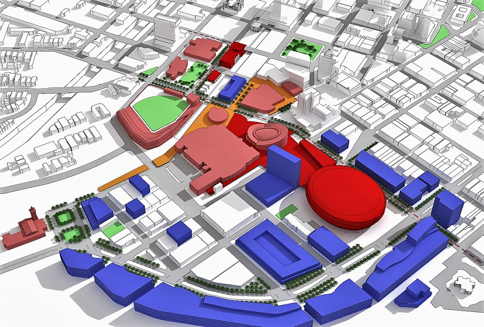 This HKS architectural model shows the the location of a proposed arena (represented by round red building) in the Duranguito neighborhood in Downtown El Paso.