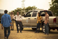 This image released by IFC Films shows, from second left, George Lopez, Frank Grillo, Andie McDowell and Jake Allyn in a scene from "No Man's Land." (IFC FIlms via AP)