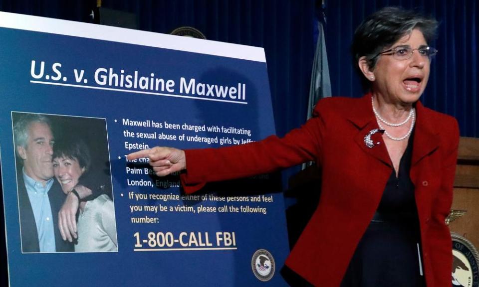 US prosecutor Audrey Strauss points to a photograph of Ghislaine Maxwell with Jeffrey Epstein