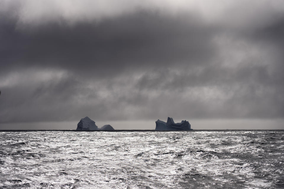 Icebergs float in the Southern Ocean off the coast of the South Orkney Islands, north of the Antarctic Peninsula, on March 7, 2023. (AP Photo/David Keyton)