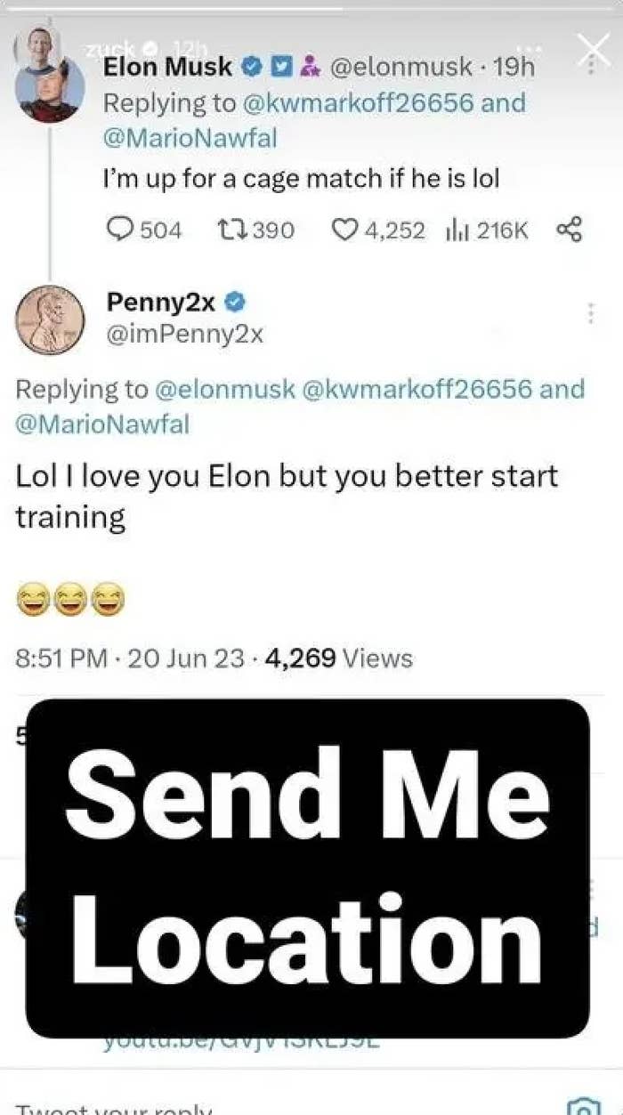 mark's ig story telling elon to send him the location to fight