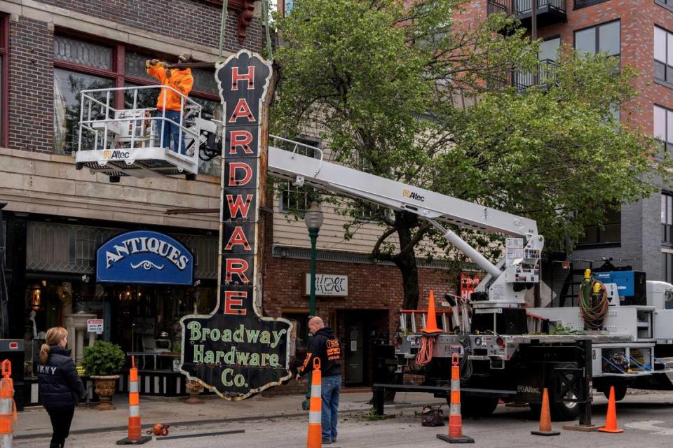 The 16-foot-tall neon sign from Broadway Hardware Co. of Kansas City, 311 Westport Road, was removed in 2019 and donated by J.B. Nutter Jr. to the Lumi Neon Museum.