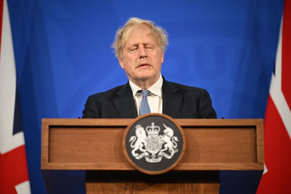 Britain's Prime Minister Boris Johnson speaks during a press conference in Downing Street, London, Wednesday, May 25 2022, following the publication of Sue Gray's report into Downing Street parties in Whitehall. An investigative report blames British Prime Minister Boris Johnson and other senior leaders for allowing boozy government parties that broke the U.K.’s COVID-19 lockdown rules. While Johnson said he took “full responsibility” for the breach, he insisted he would not resign. (Leon Neal/Pool Photo via AP)