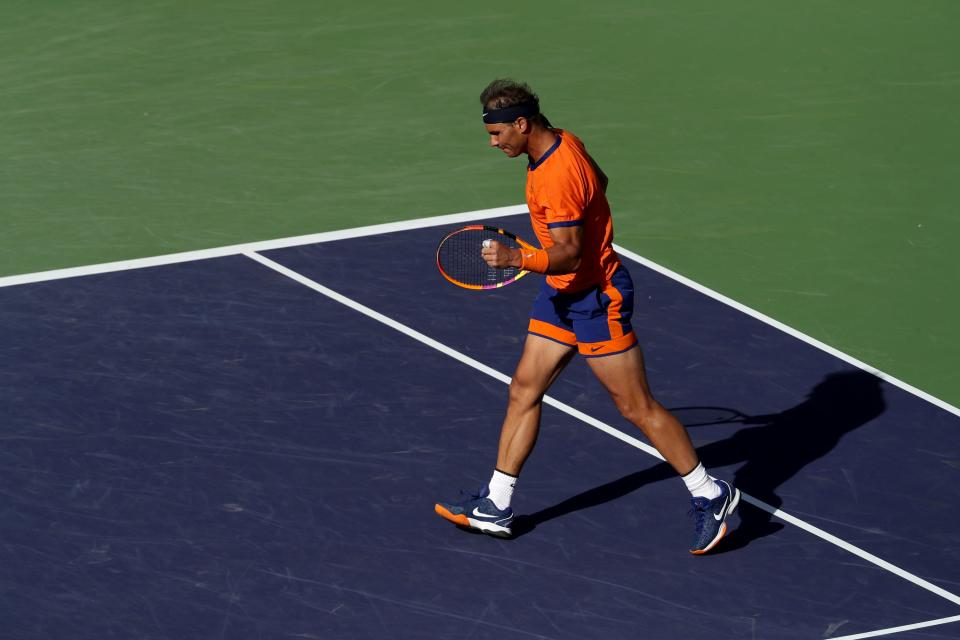 Rafael Nadal of Spain reacts during the second set against American Taylor Fritz during the men's final at the BNP Paribas Open in Indian Wells, Calif., on Sunday, March 2022. 