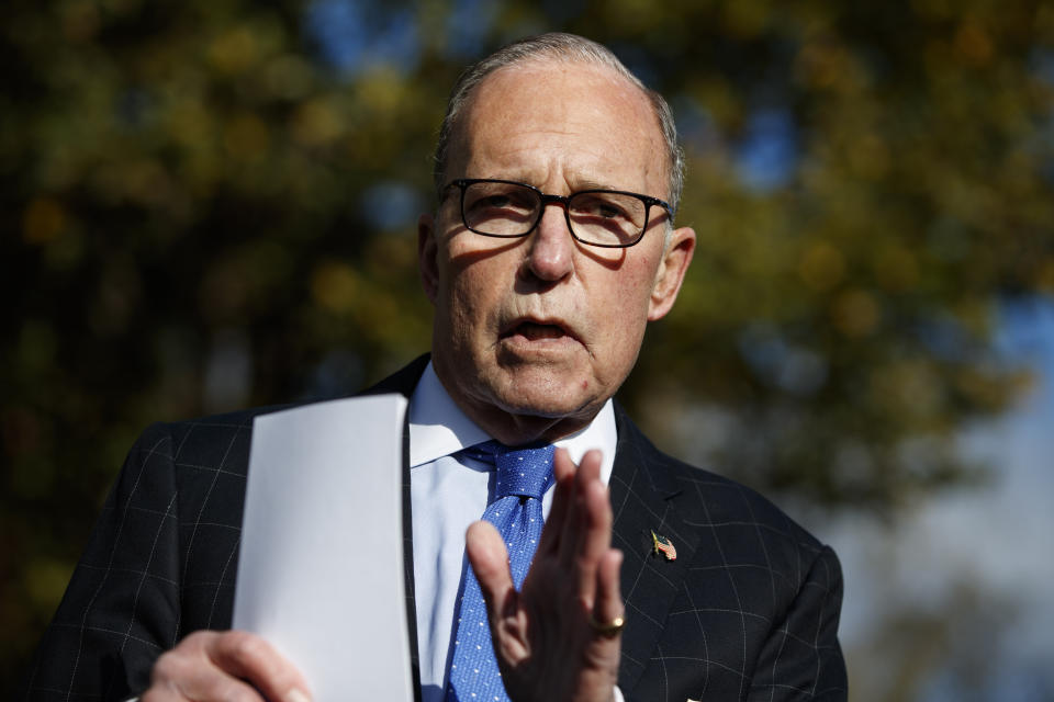 White House chief economic adviser Larry Kudlow talks with reporters outside the White House, Friday, Nov. 1, 2019, in Washington. (AP Photo/Evan Vucci)