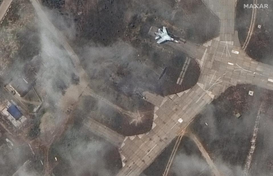 The Flanker variant that looks to be at least damaged, as well as something that might be completely destroyed in the parking spot right next to it. <em>Satellite image ©2024 Maxar Technologies.</em>