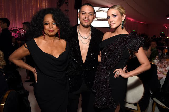 <p>Michael Kovac/Getty Images</p> Diana Ross with her son Evan Ross and his wife Ashlee Simpson Ross at the 27th annual Elton John AIDS Foundation Academy Awards Viewing Party on Feb. 24, 2019