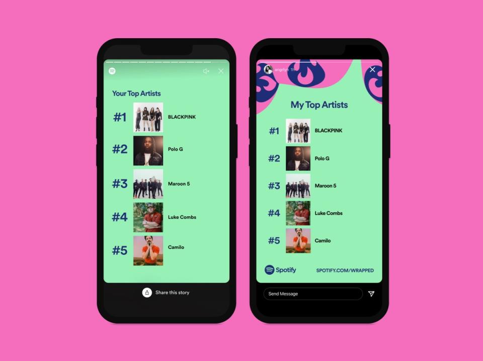 A look at some of the designs for this year’s Spotify Wrapped, the music streamer’s annual statistical round-up (Spotify)