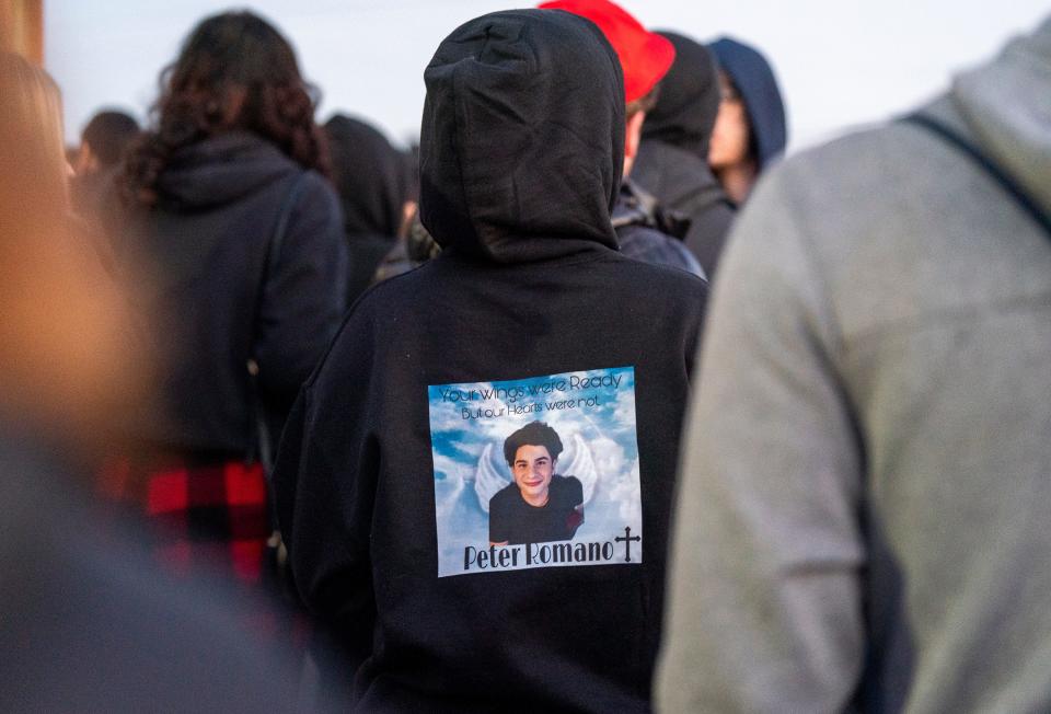 Family and friends of Peter Romano, the 14 year-old who was fatally shot on Halloween, hold a vigil for him at 2636 Bristol Pike in Bensalem on Thursday, Nov. 2, 2023.

[Daniella Heminghaus | Bucks County Courier Times]