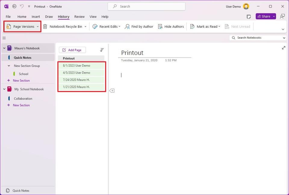 OneNote page revisions