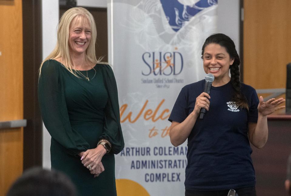 Stockton Unified School District board president AngelAnn Flores, right, introduces new superintendent Michelle Rodriguez during a meet and greet at the SUSD headquarters in downtown Stockton on Wednesday, June 21, 2023.