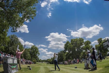 May 27, 2018; Fort Worth, TX, USA; Justin Rose plays his shot from the ninth tee during the final round of the Fort Worth Invitational golf tournament at Colonial Country Club. Mandatory Credit: Jerome Miron-USA TODAY Sports