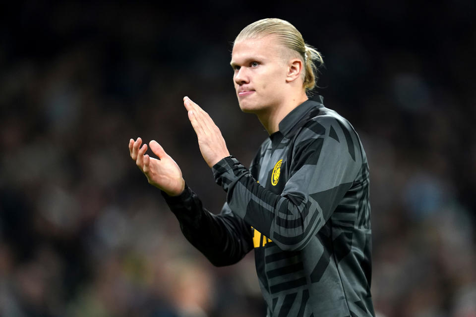 Manchester City's Erling Haaland applauds the fans after the final whistle in the UEFA Champions League Group G match at Parken Stadium, Copenhagen. Picture date: Tuesday October 11, 2022. (Photo by Nick Potts/PA Images via Getty Images)