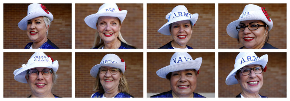 This combination photo shows a few members of the Milwaukee Dancing Grannies after a performance in Milwaukee on Thursday, Nov. 3, 2022. Top row from left are Janet Polley, 57; Debbie Bigler, 66; Kathi Schmeling, 62; Rosalinda Davis, 64. Bottom row from left are Betty Streng, 64; Kathy Gladfelter, 65; Doreen Lopez, 66; Jan Leisten, 71. (AP Photos/Martha Irvine)