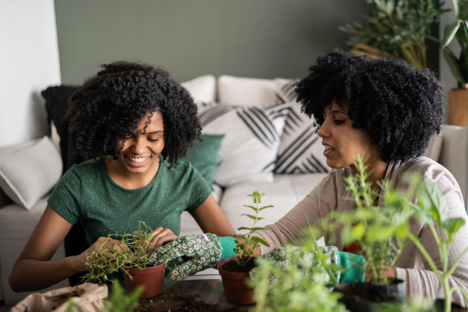 Mother and daughter taking care of plants together at home